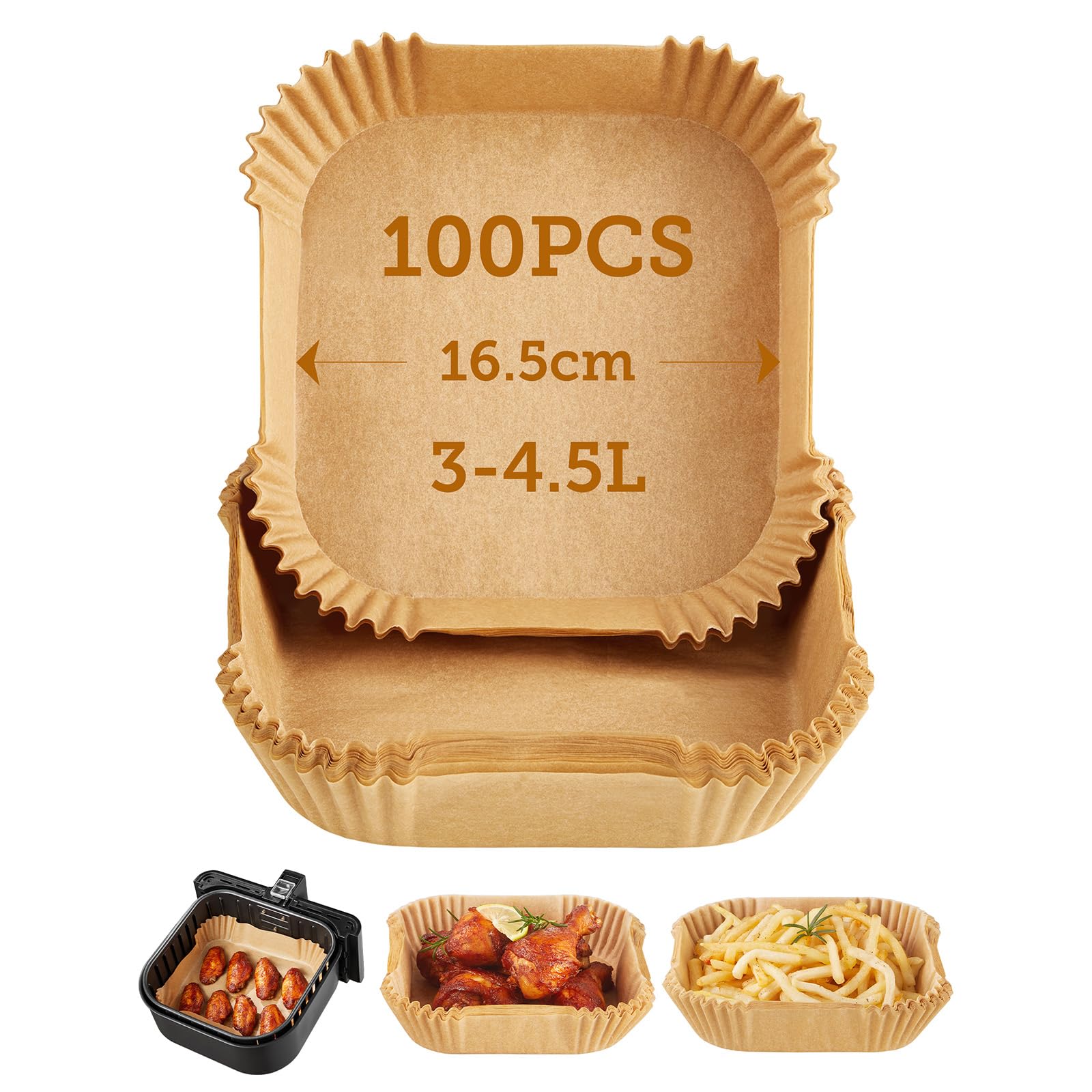 COSORI Carta Forno Per Friggitrice Ad Aria 100 Pezzi, Teglie Per Air Fryer 3-4,5L Quadrati, Antigrasso Antiaderente Fodera in Carta Monouso per Forno, Padelle, Microonde (16cm)