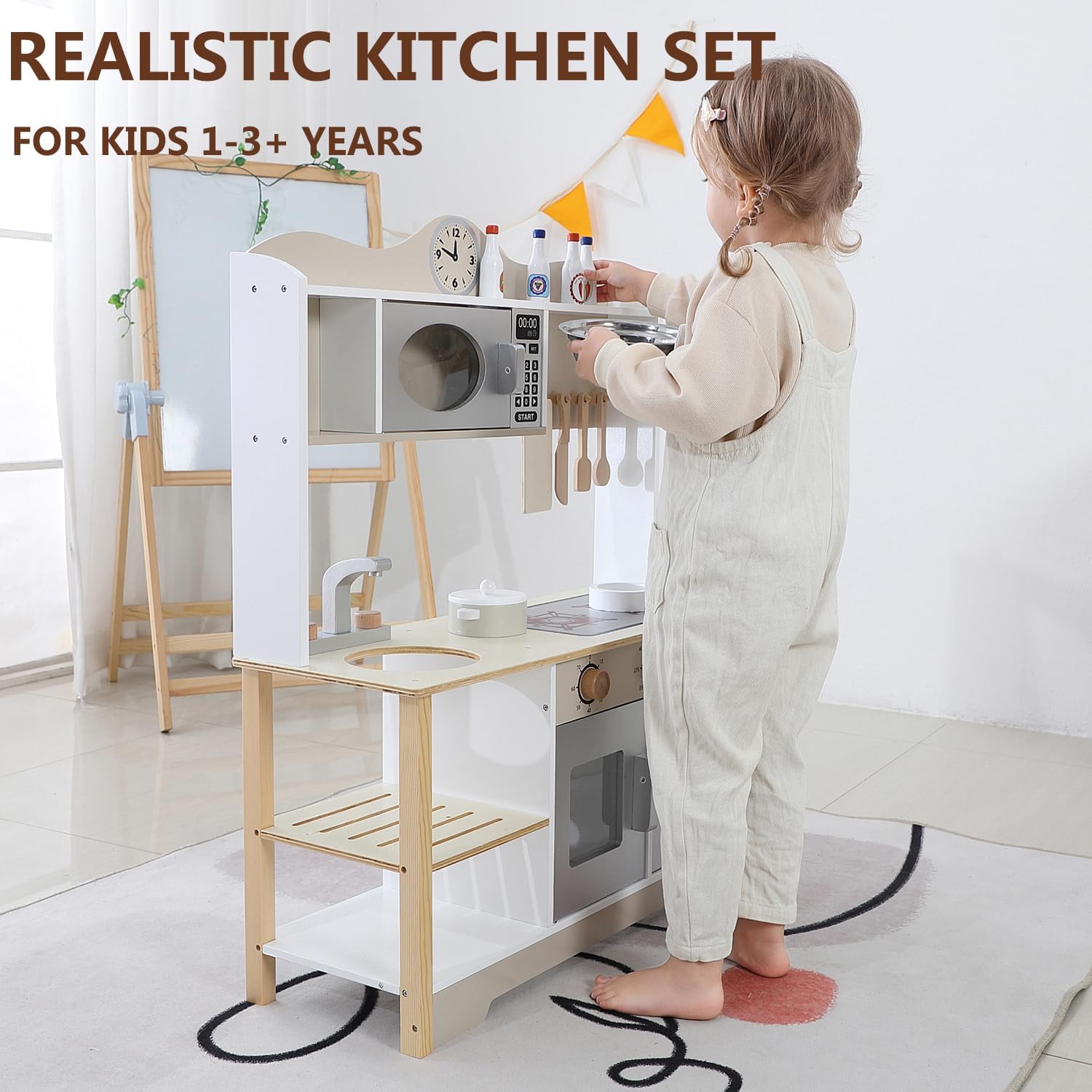 Wooden Play Kitchen, Kids Toy Kitchen Cooking Set, Kids Play Kitchen Pretend Play Set, Pretend Kitchen Playset for Toddlers Boys and Girls 3-7+