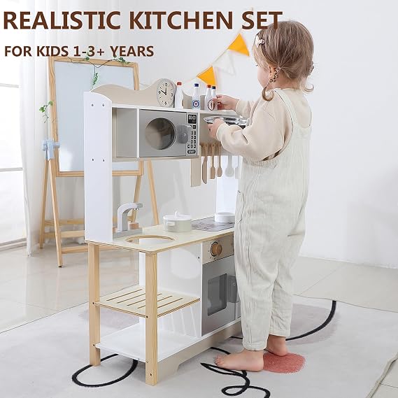 Wooden Play Kitchen, Kids Toy Kitchen Cooking Set, Kids Play Kitchen Pretend Play Set, Pretend Kitchen Playset for Toddlers Boys and Girls 3-7+