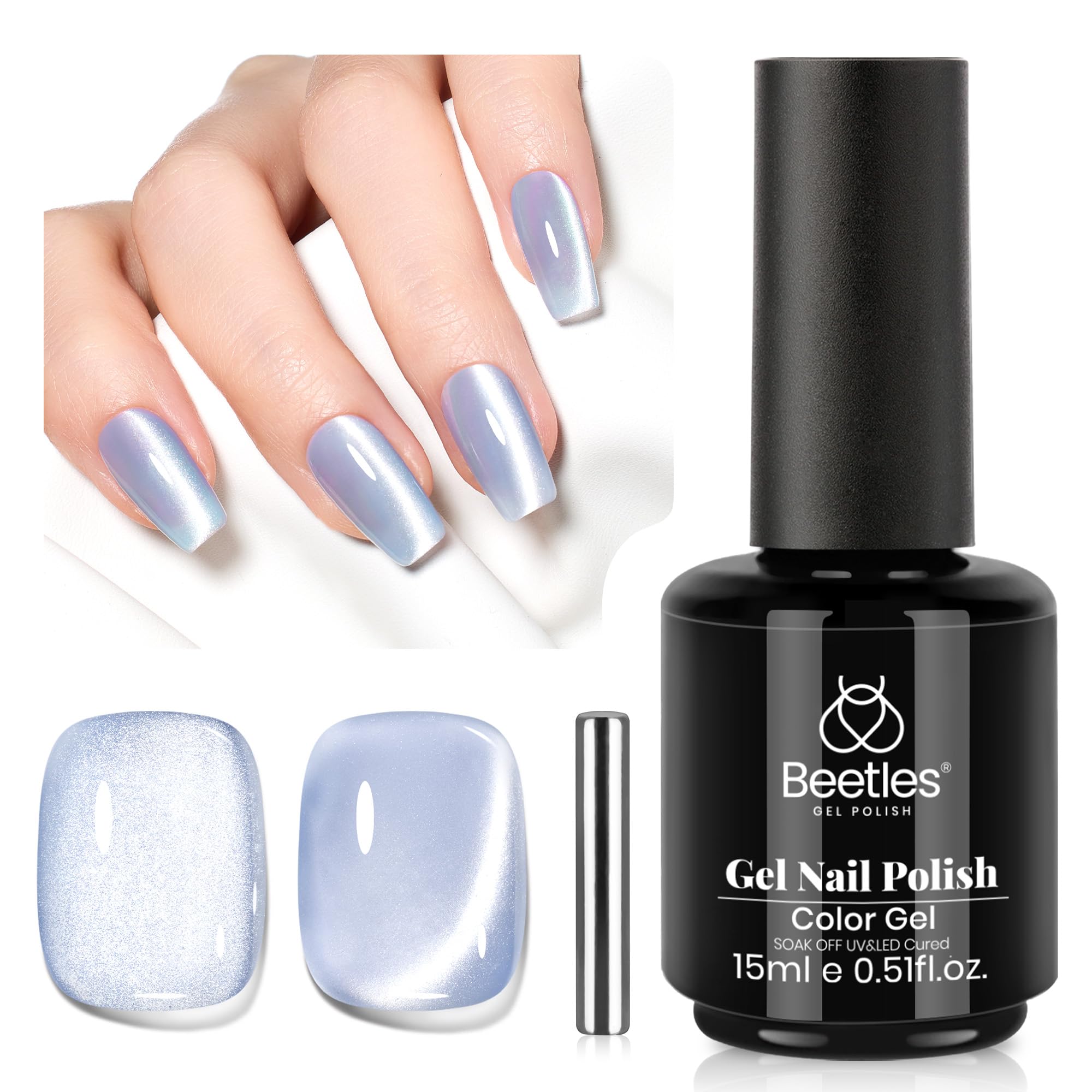 Beetles Blue Cat Eye Gel Polish, 15ML Light Blue Glass Cat Eye Glitter Gel Polish with Magnet Shimmer Translucent Sheer Color Soak Off UV Frosted Galaxy Series French Nail Art Gift for Women
