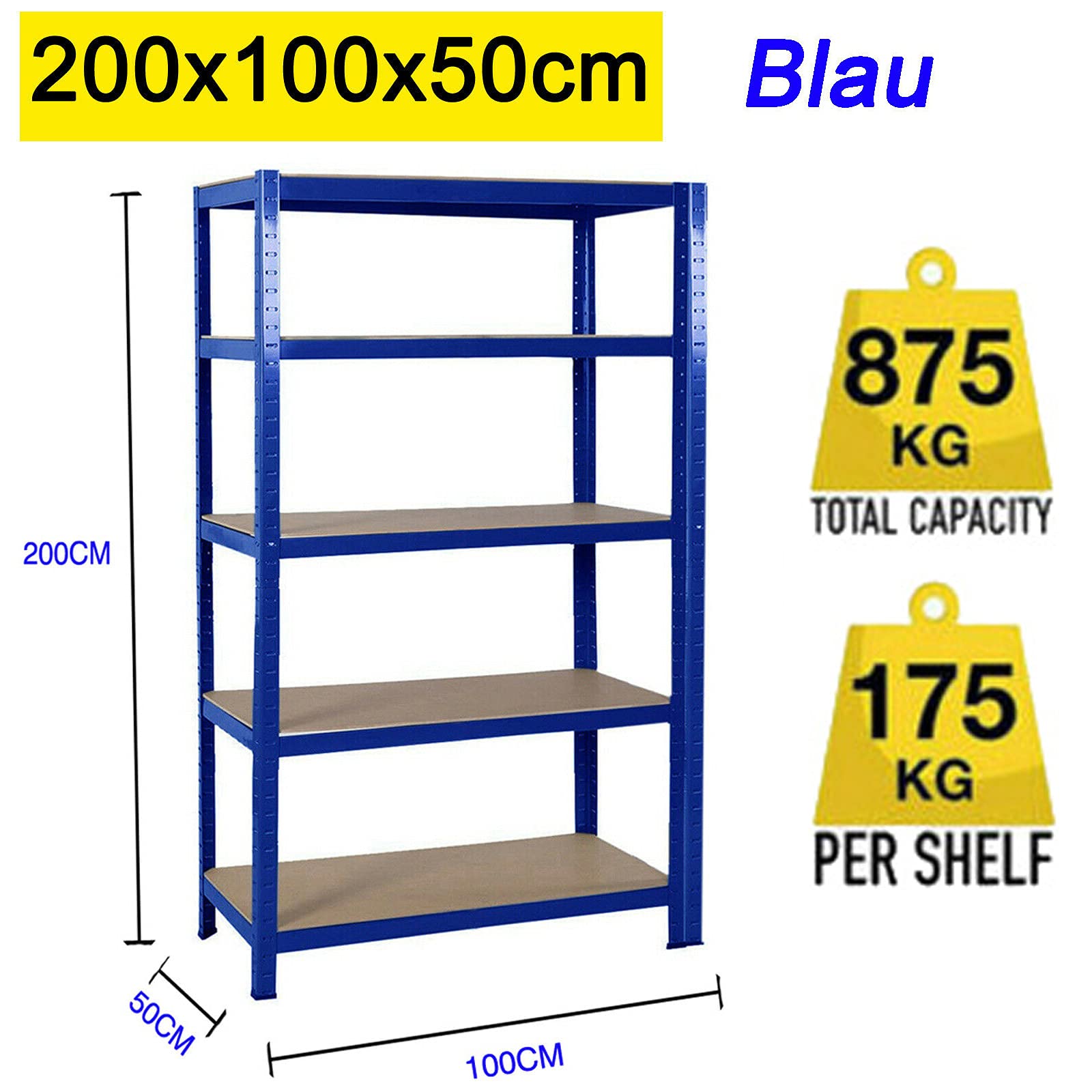Scaffalatura 200 x 100 x 50 cm, scaffale per carichi pesanti con 5 ripiani in metallo, regolabile in metallo, facile da montare, portata fino a 875 kg, colore: blu