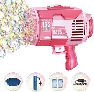 مسدس فقاعات مطور بـ132 فتحة للاطفال والبالغين مع اضواء ملونة وزجاجتين من محلول الفقاعات سعة 60 مل من تيمبرريدج، لعبة صيفية للاماكن الخارجية (بينك)