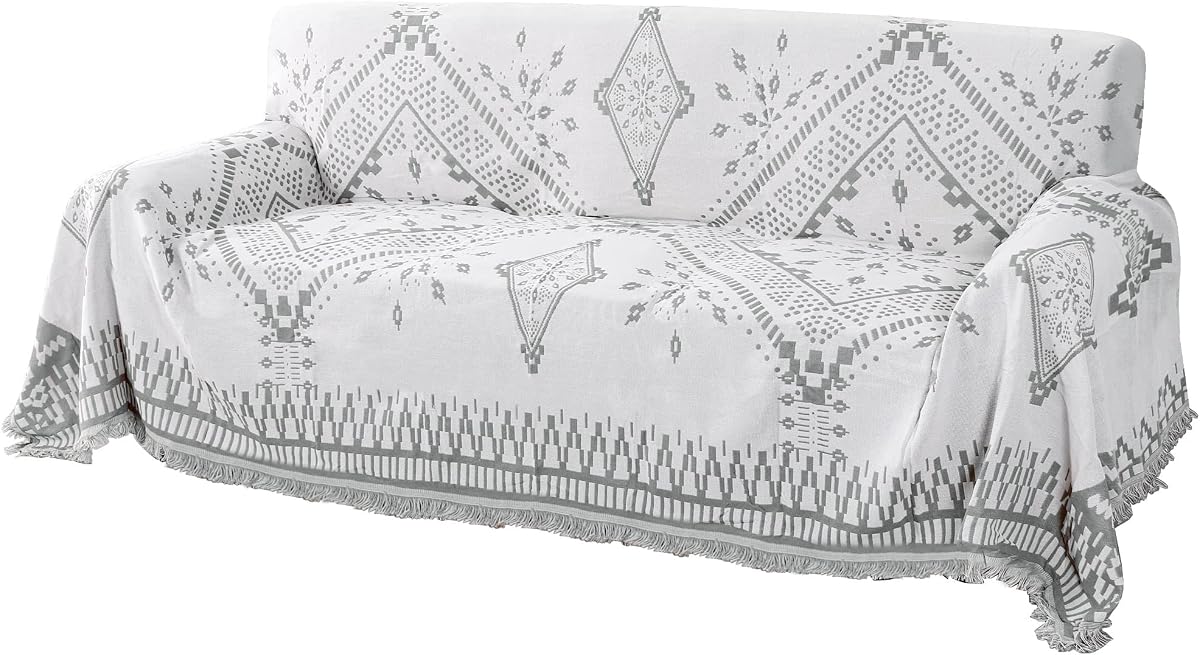 H.VERSAILTEX Reversible Sofa Cover Couch Cover for Dog Sofa Slipcover for Most Shape Sofa Furniture Protector with Tassels Sectional Couch Cover (XX-Large: 91" x 134", Dove Grey/White)