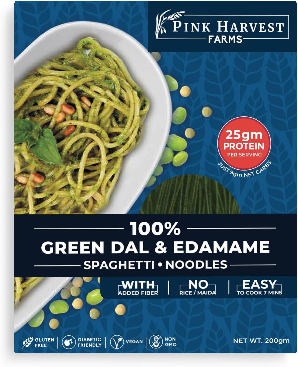 Pink Harvest Farms Green Dal & Edamame Spaghetti Noodles | No Rice - No Maida | Vegan | Gluten Free | High Protein | 200gm Pack