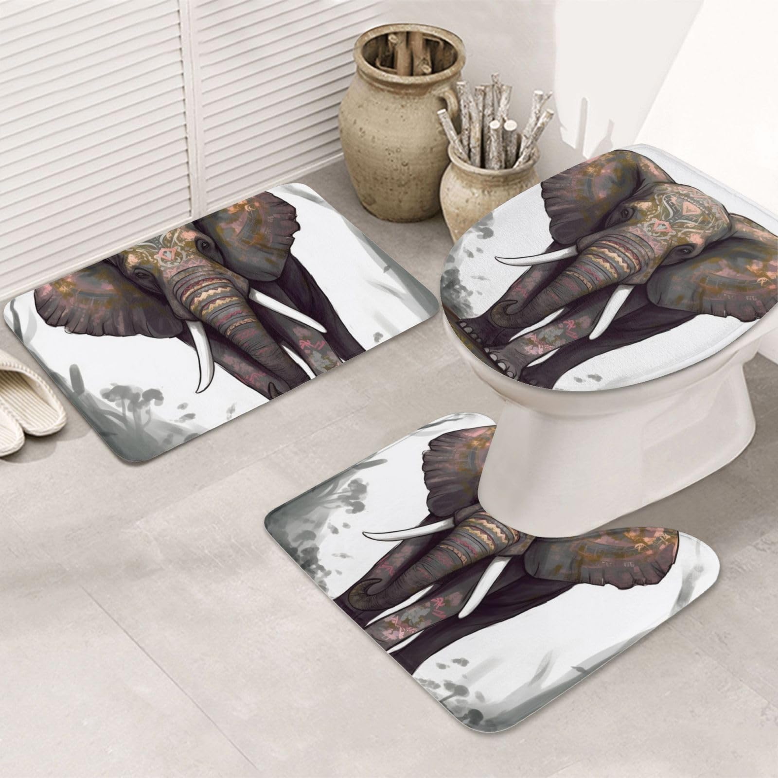 Tapis de bain éléphant lot de 3 avec contour WC en U et couverture de siège en flanelle grise