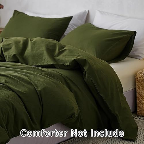 Miniatura 7 de TOCOMOA Juego de funda de edredón tamaño Queen, 100% algodón lavado con textura de lino, juego de ropa de cama de 3 piezas, color verde oliva, suave