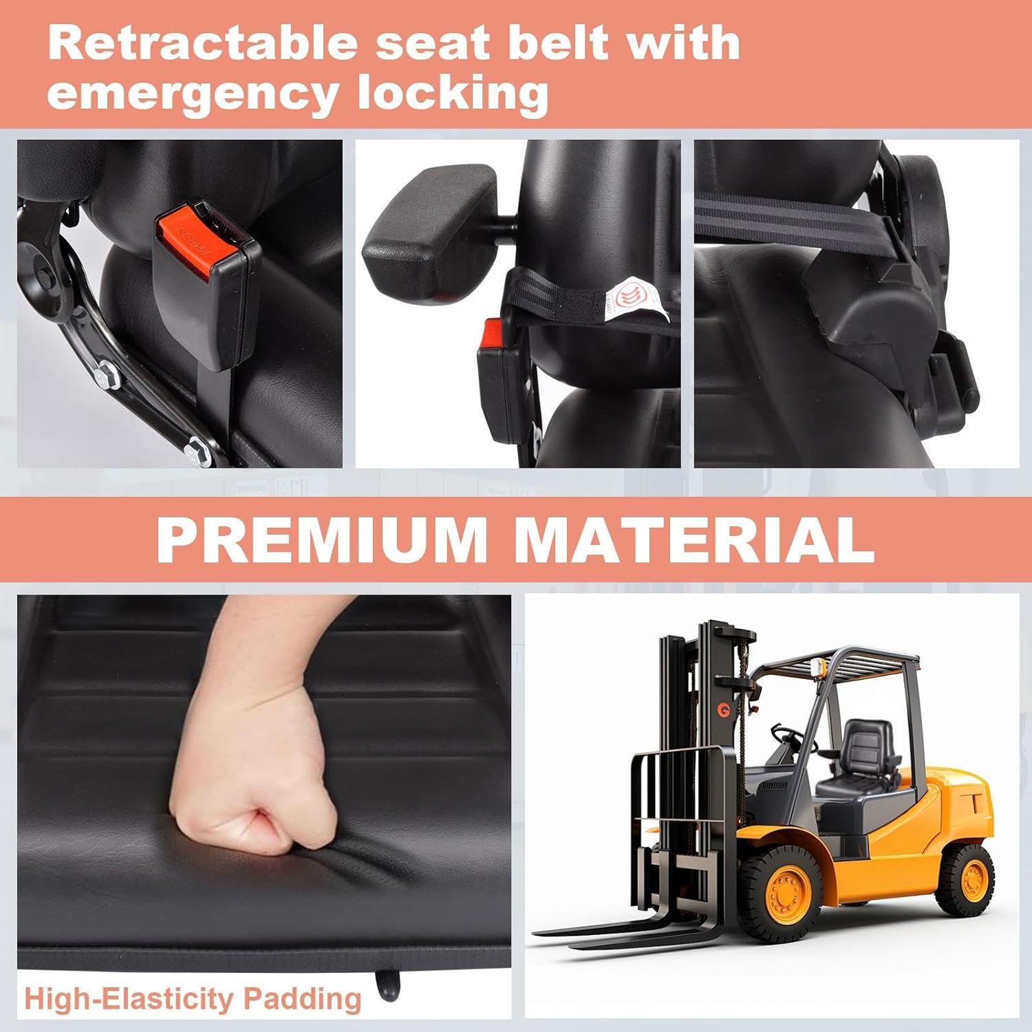 Lawn Tractor Seat - Adjustable Lawnmower Seat with Safety Belt - Seats Replacement for Excavator Dozer, Tractor, Skid Loader, Mower