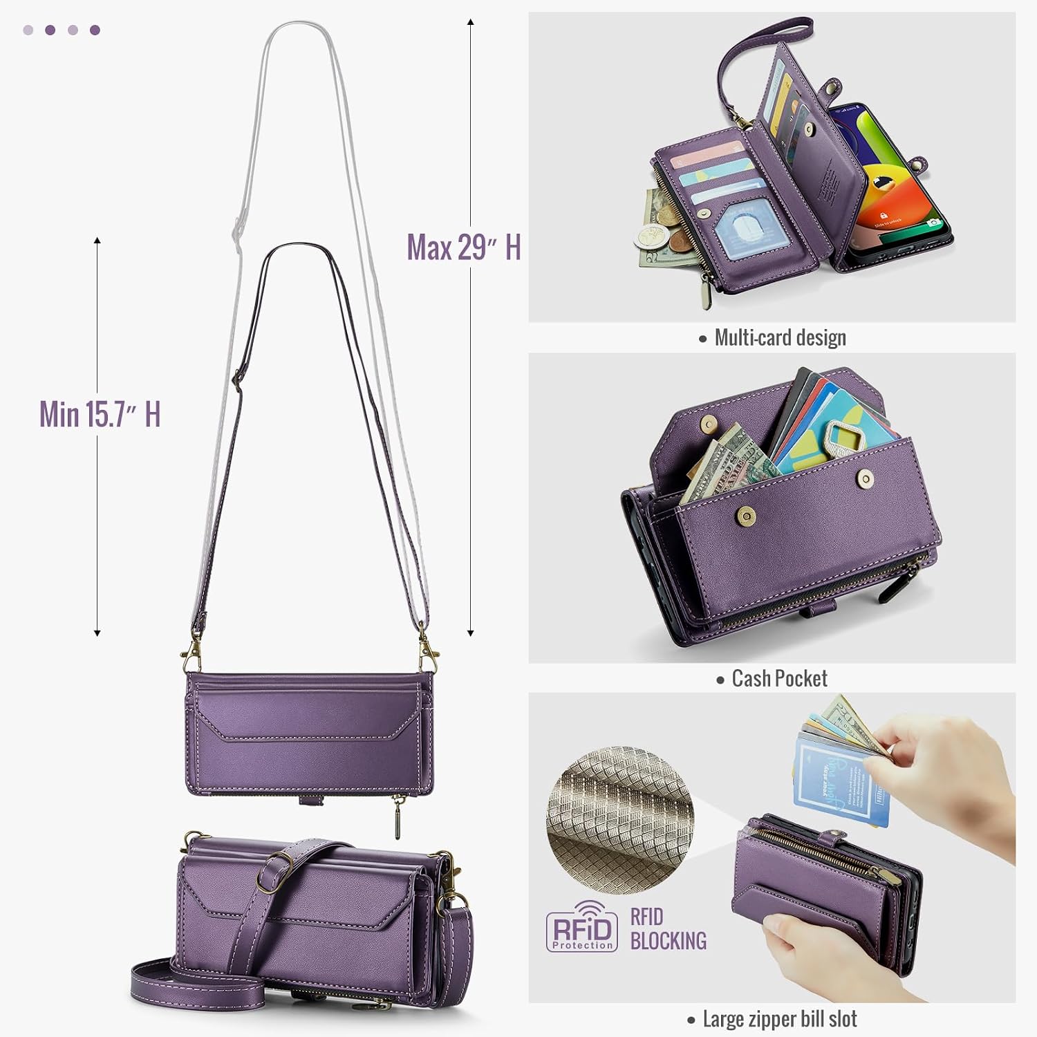Asuwish Phone Case for Samsung Galaxy A50 A50S A30S Zipper Wallet Cover with Tempered Glass Screen Protector and Flip RFID Blocking Card Holder Cell A 50 50S 30S S50 50A SM A505G Women Girls Purple