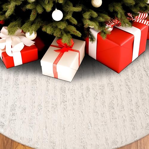 Miniatura 2 de Falda de árbol de Navidad, 48 pulgadas, piel sintética blanca con rayas plateadas de estampado en caliente, para decoración de Navidad, decoración