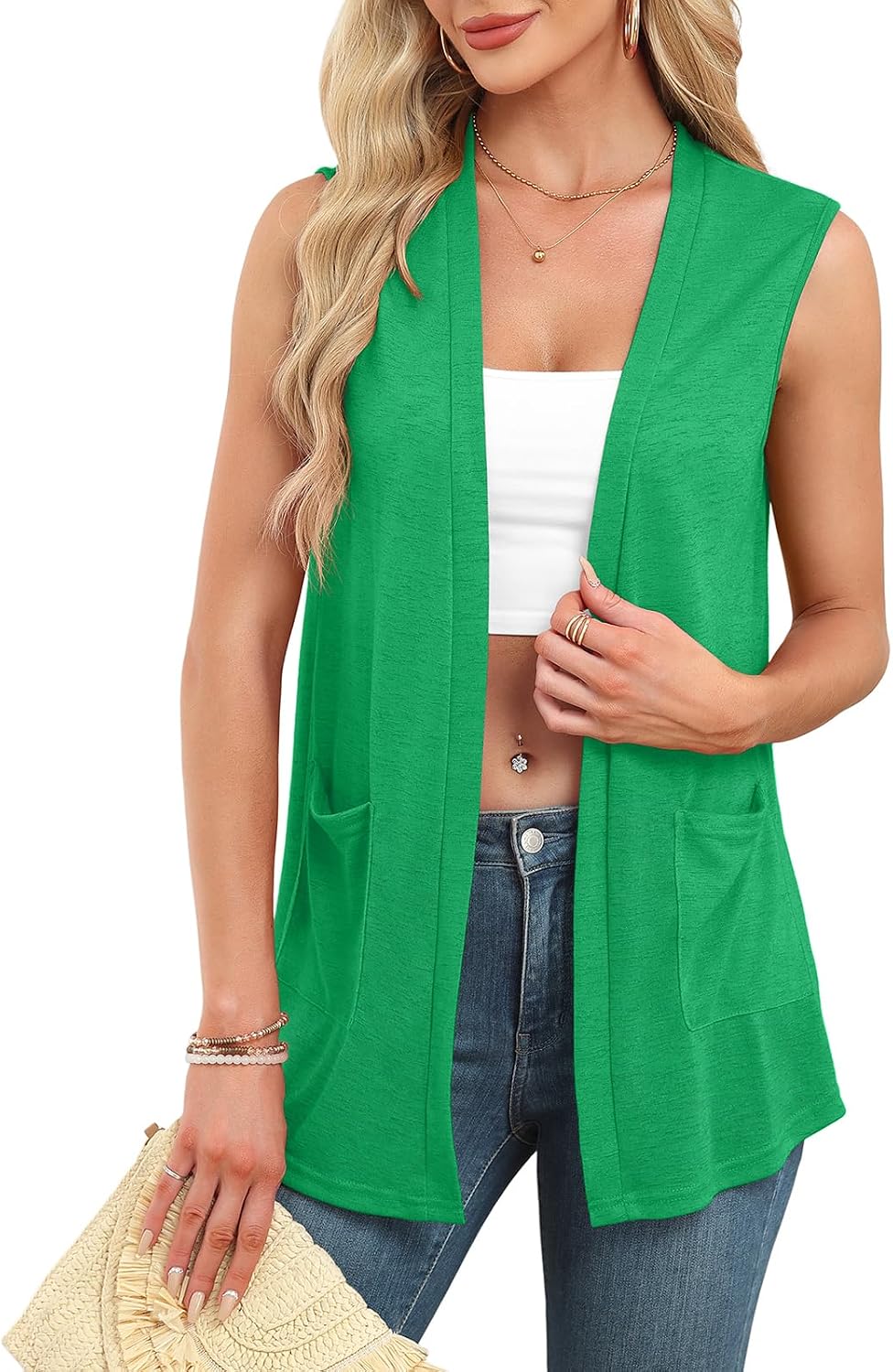Veryoung Summer Vest for Women Lightweight Fashion Casual Soft Knit Sleeveless Cardigan Curved Hem with Cozy Pockets (S-3XL)