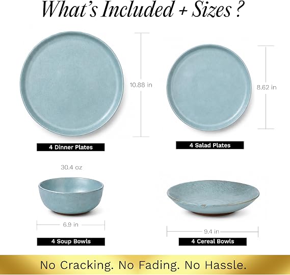 Sango 16-Piece Stoneware Dinnerware Set for 4, Semi-Matte Teal Plates and Bowls Sets with Rustic Speckled Glaze, Ceramic Dish Set, Elegant Boho Farmhouse Dishes, Microwave & Dishwasher Safe, Kaya Blue