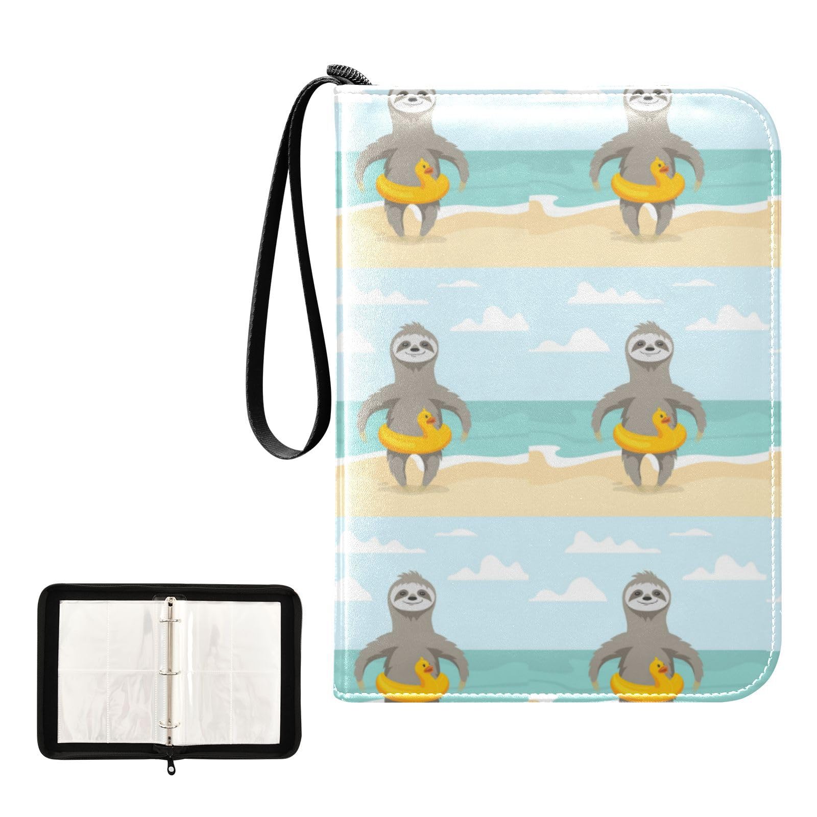 Oyihfvs Happy Cute Sloth on Ocean Beach with Yellow Duck Inflatable Circle PU Leather Card Storage Bag, With Zipper Waterproof 50 Pages 400 Slots Card Bag for Students Home School 15.74 x 9.64 inch