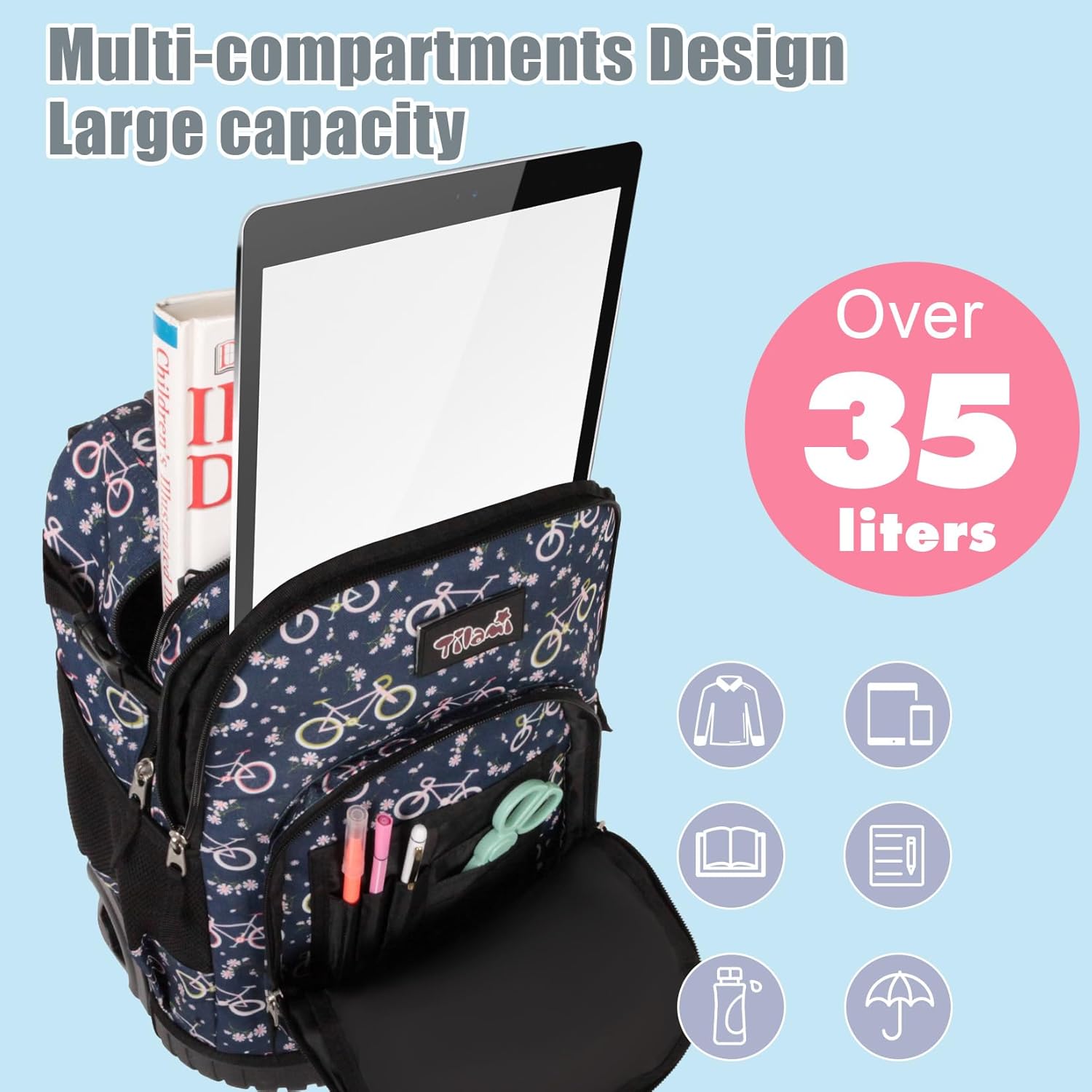 Tilami Rolling Backpack for Kids 19 inch with Lunch Bag Wheeled Laptop Backpack,Bicycle