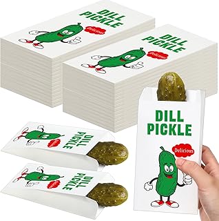 200 Pcs 6.5 x 3'' Dill Pickle Bags Pouches Paper for Selling, Paper Pickle Wrapping Sleeve Disposable Retro Oilproof Waterproof Snack Sacks for Carnival Christmas Party Fundraiser or Concession Stand