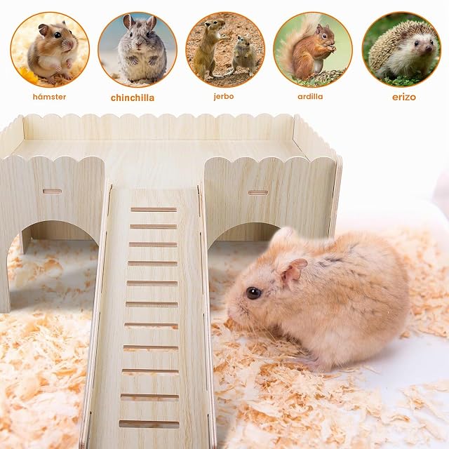 Foto 5 de 7 de GOEDCH Casa grande para cobayas con rampa 4 entradas: casa de hámster de madera, accesorios para chinchilla