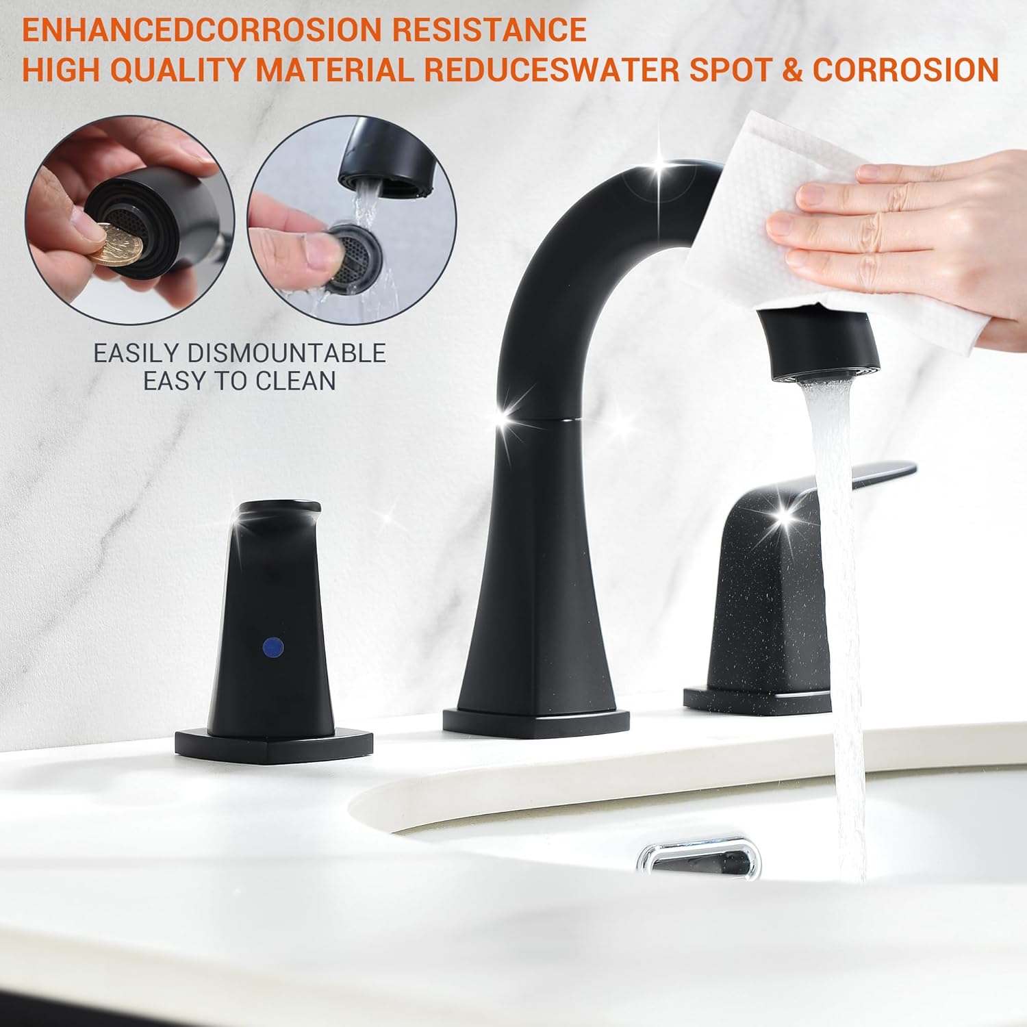 Pull Down Bathroom Faucet Black- Matte Black Sink Faucet with Sprayer, Bathroom Pull Out Faucets, 2-Handles Widespread Vanity Faucets 3 Hole 8 Inch 360 Swivel Spout with Pop-up Drain & Lines - Image 2