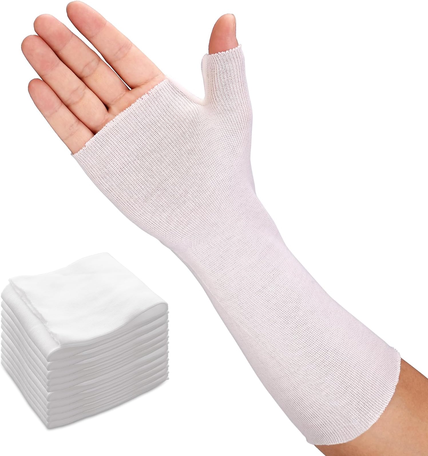 Velpeau Hand Socks for Splint (Pack of 10), Breathable, Thin Stockinette Tubing for Arm, Wrist Brace with Thumb Spica Liner, Cotton Gauze Sleeve, Under Cast Wrap, Arm Cover for Men and Women (White, Light Version, M)