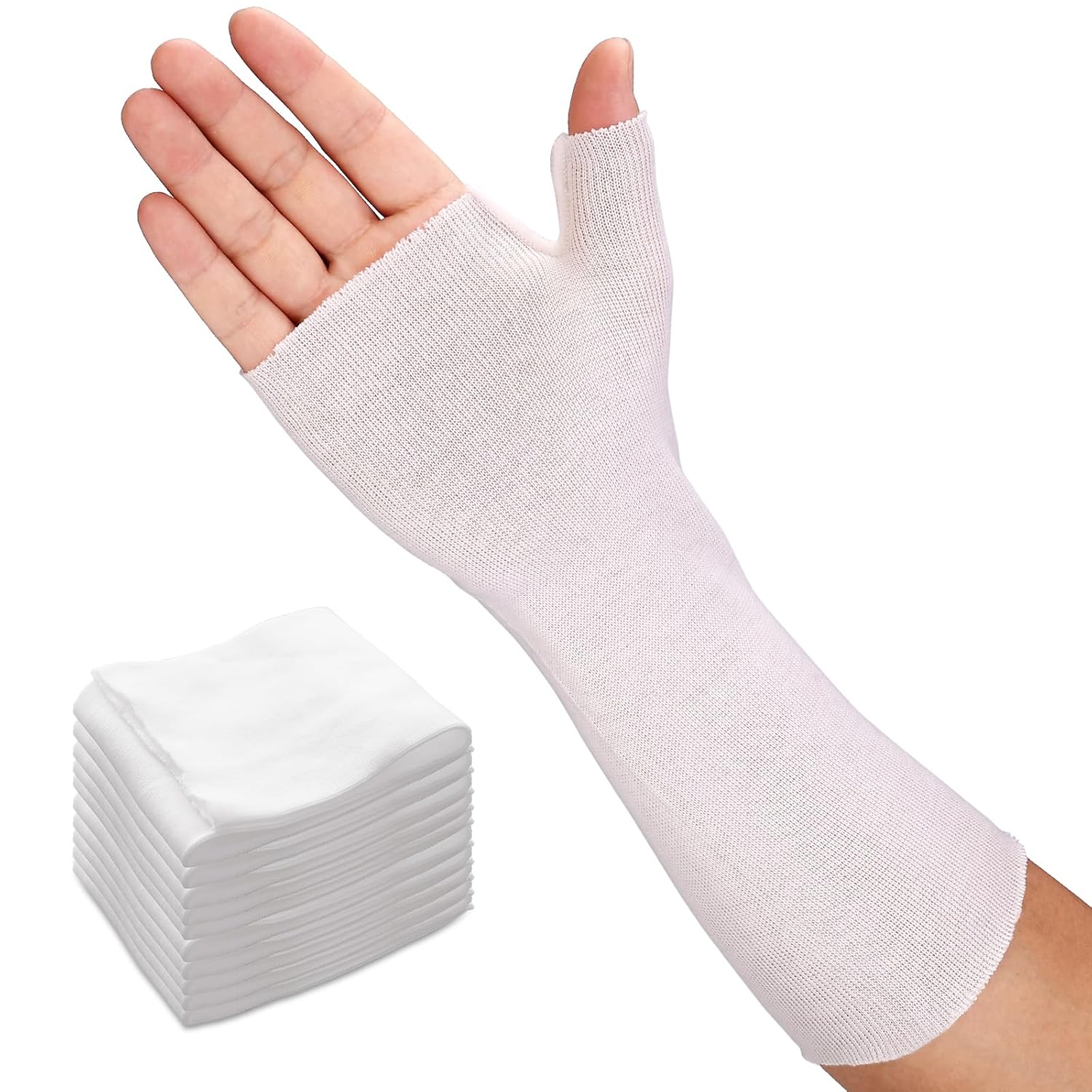 Velpeau Splint Hand Socks (10 Pack), Breathable Thin Stockinette Tubing for Wrist Brace & Thumb Spica Liner, Gauze Sleeve, Under Cast Wrap Arm Cover for Men Women (White, Light Version, M)