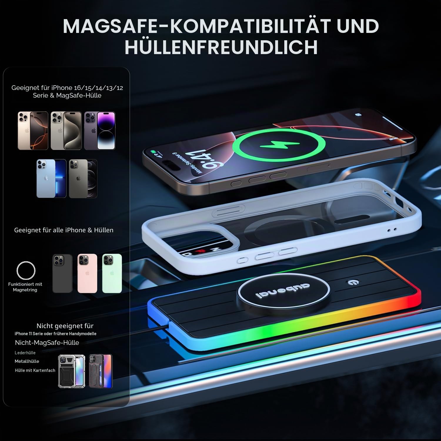 für MagSafe Auto Ladegerät Pad, 15W RGB Magnetische Wireless Car Charger Matte, Auto Magnetische Induktive Ladestation mit 70cm USB-A Verlängerungskabel Kompatibel mit iPhone 16 15 14 13 12