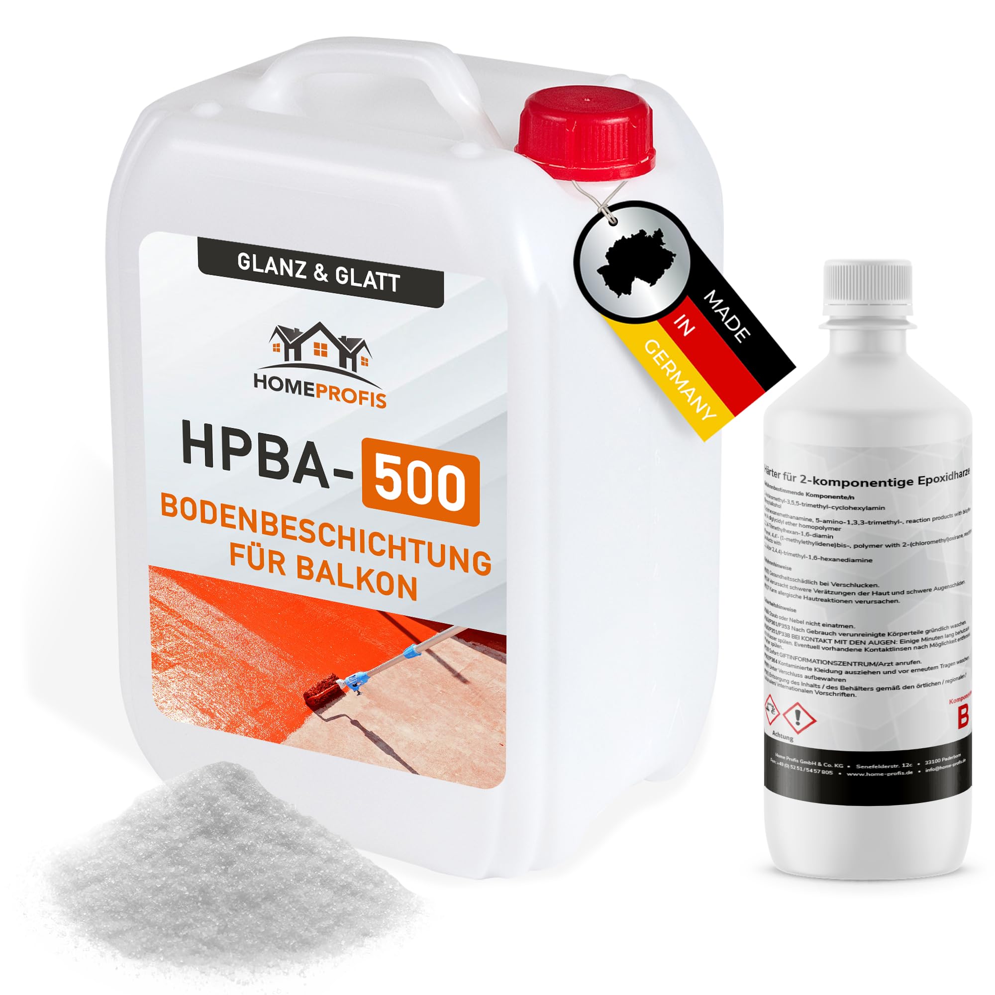 Home Profis® glänzender Balkonboden inkl. Glasperlen (25m²) | 30 Farben | Beton, Estrich & Fliesen | Flüssigkunststoff Außen | 2K Epoxidharz Bodenbeschichtung | RAL 7030 Steingrau | HPBA-500