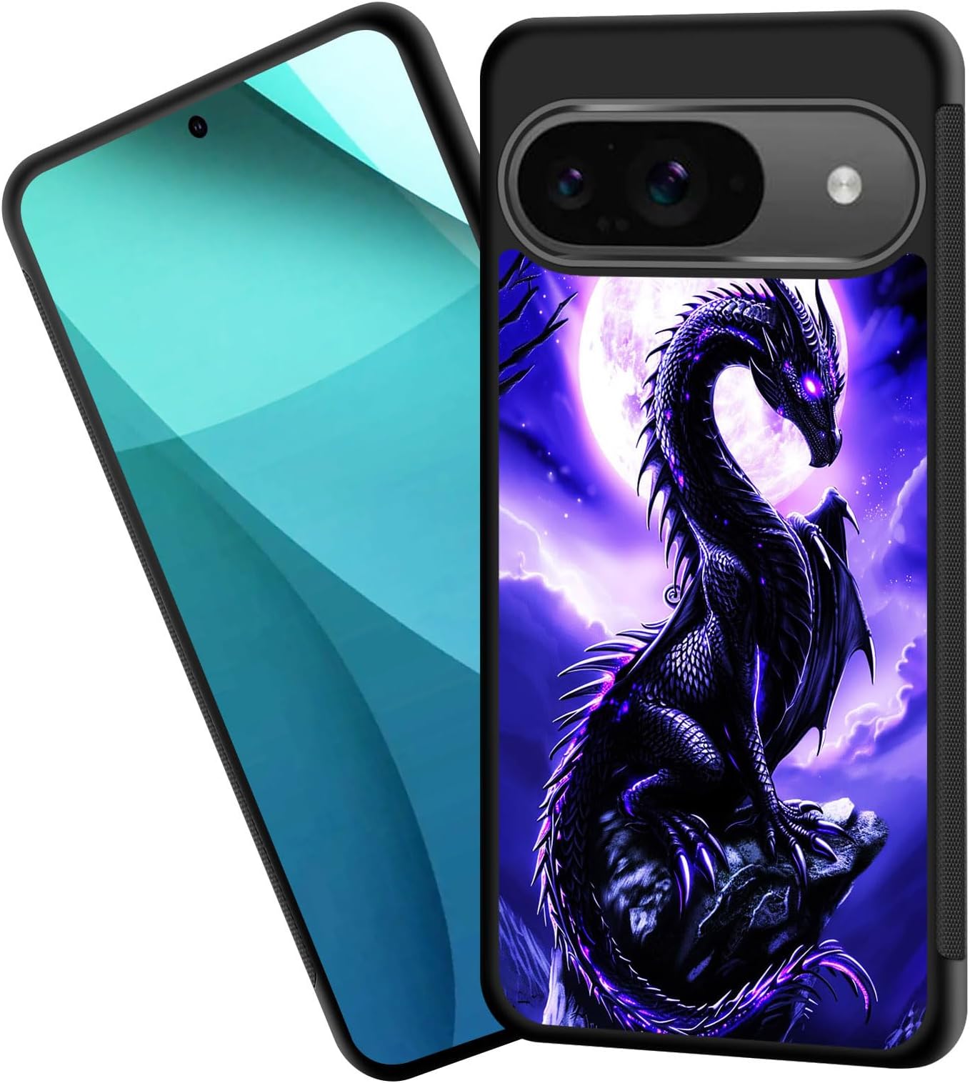 for Pixel 9 Case,Tire Anti-Skid Edges Cute Design Shockproof Bumper Full Protection Black Back Cover for Google Pixel 9,Purple Dragon Full Moon