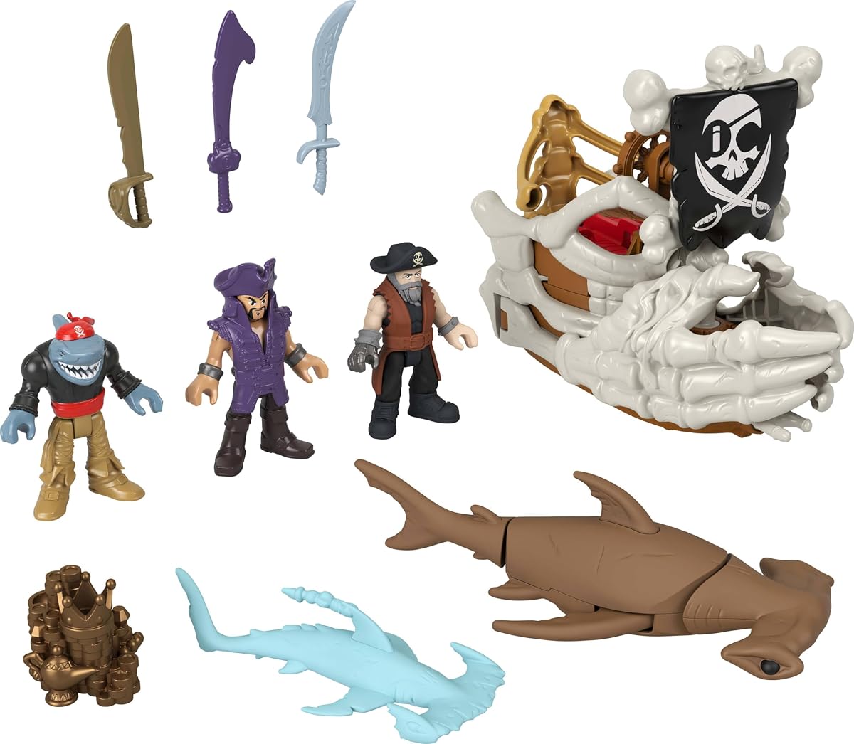 Fisher-Price Imaginext Billy Bones Juego de barco pirata con accesorios | 3 figuras de acción y barco de juguete con manos de esqueleto y lanzador, 7 accesorios para aventuras piratas (exclusivo de Amazon)