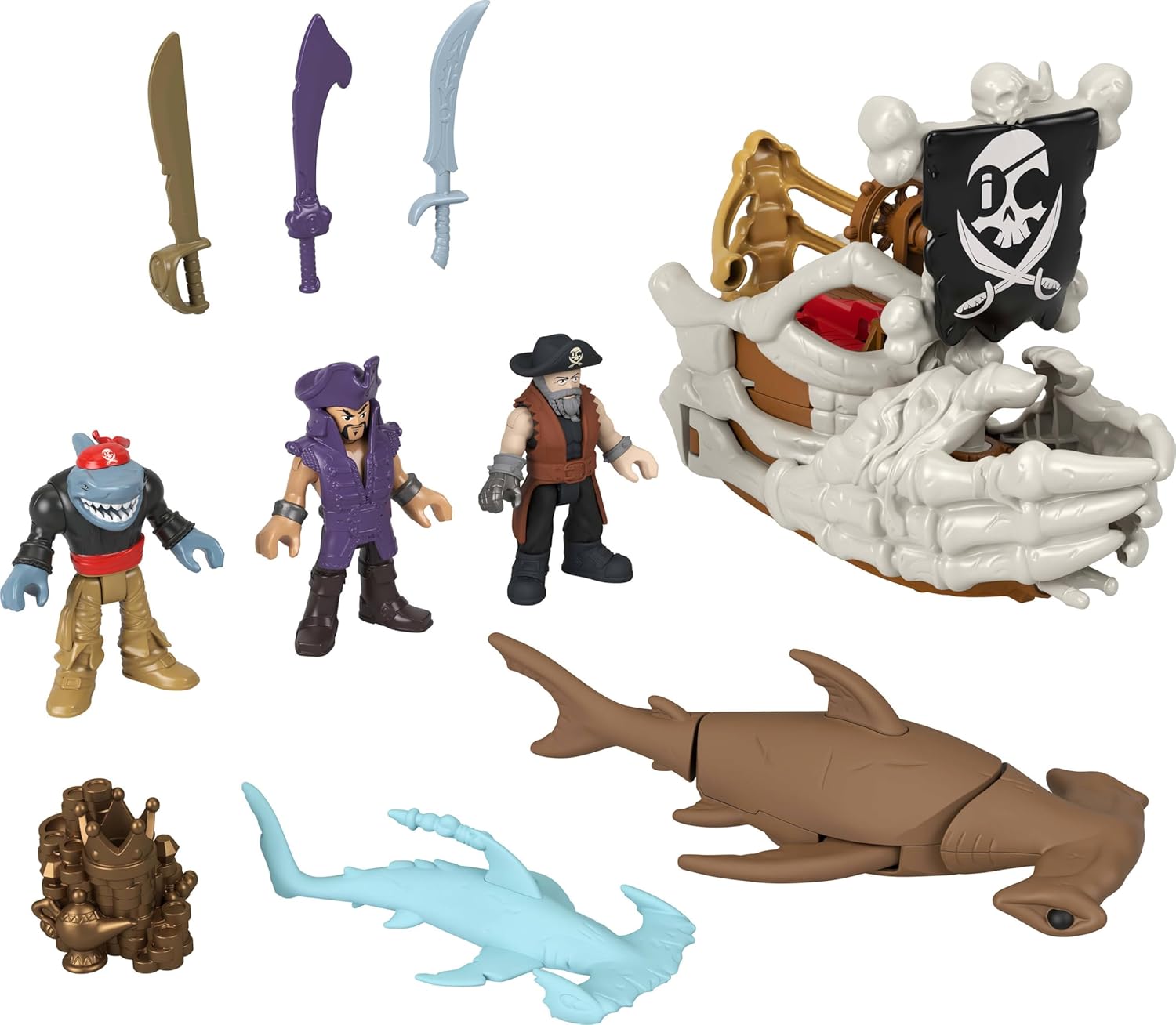 Fisher-Price Imaginext Billy Bones Pirate Bundle Playset with 3 Action Figures & Toy Boat with Skeleton Hands and Launcher, 7 Accessories (Amazon Exclusive)