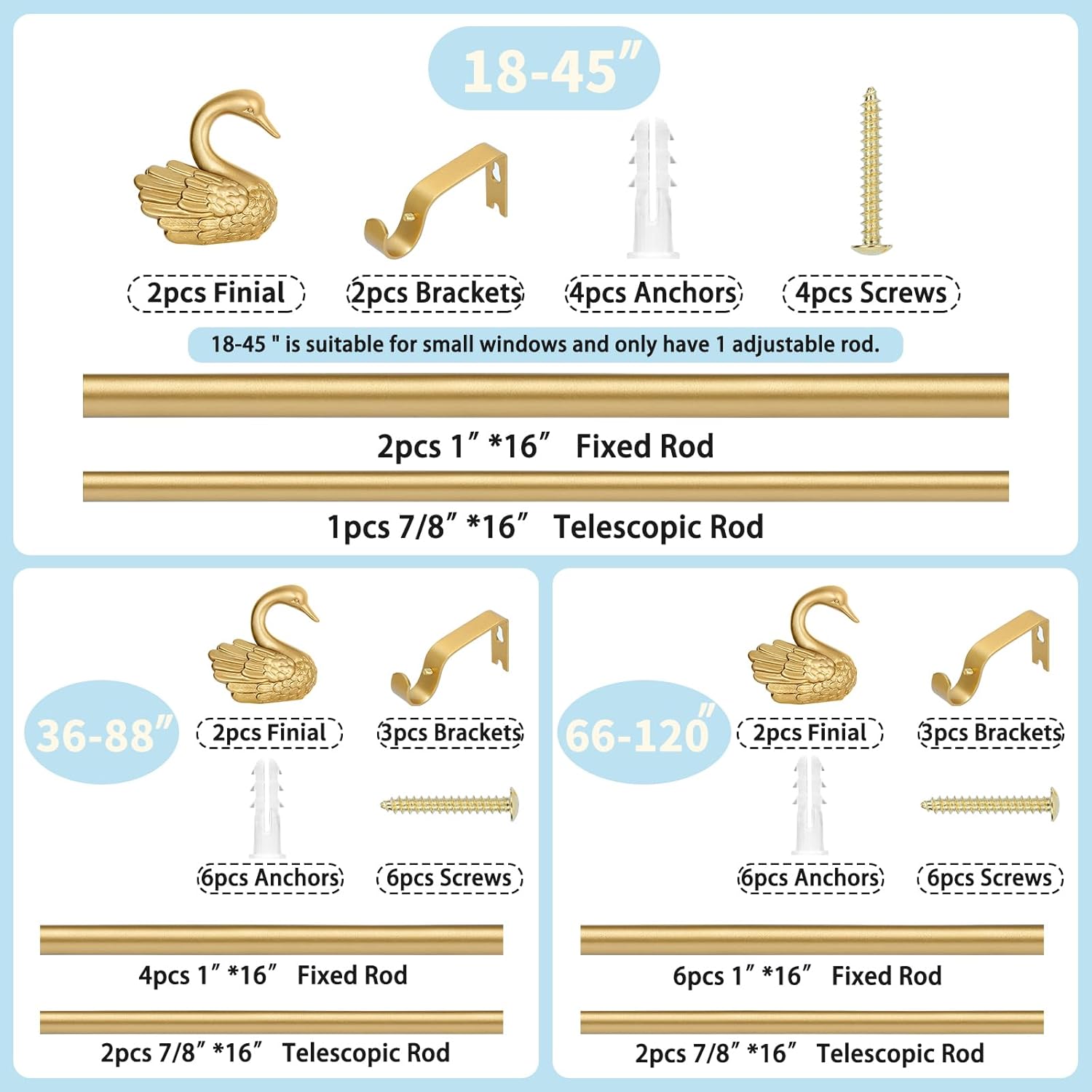 TANGWIN Gold Curtain Rods for Windows 48 to 84 Inch(4-7ft),1 Inch Adjustable Curtain Rod,Heavy Duty Window Rods,Decorative Swan Finials Drapery Pole,Telescoping Single Rod for Bedroom 36-88",Brass