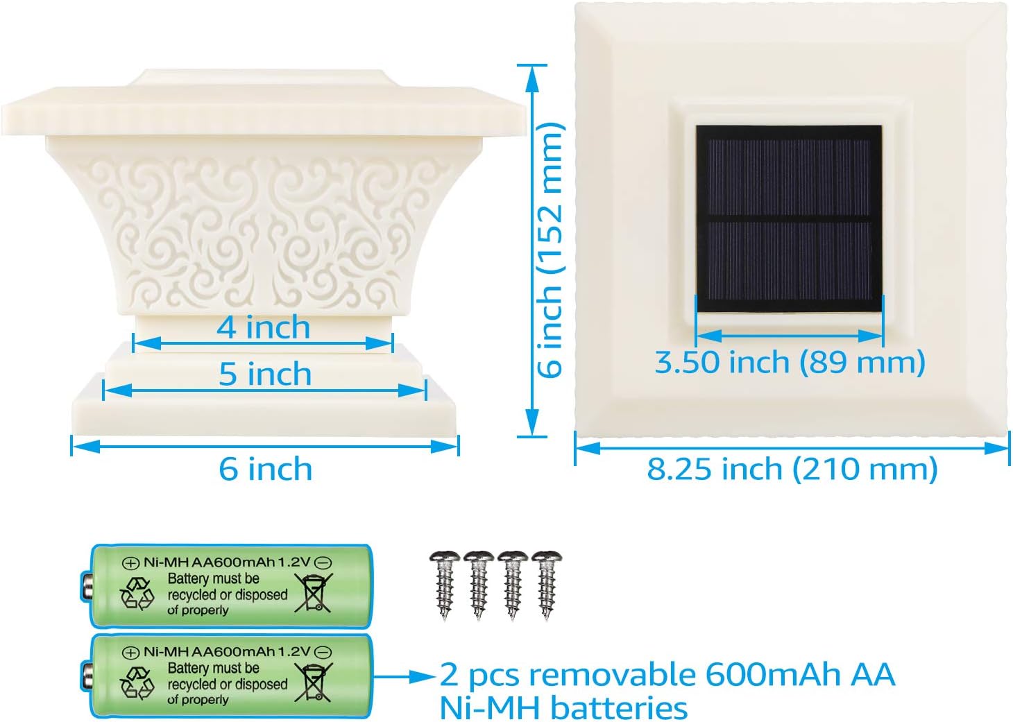 TORCHSTAR Solar Post Lights Outdoor, LED Fence Cap Light Fits 4x4, 5x5, 6x6 Posts Patio Deck Garden Decoration, Soft White, 360° Beam Angle, IP65 Waterproof Creamy White Finish, Pack of 2