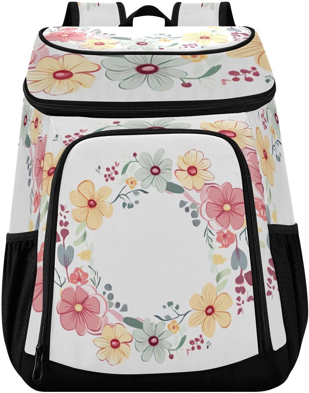 Flower Pattern Border Cooler Backpack 36 Cans Leakproof Waterproof Backpack Cooler Bag Beach Accessories Travel Camping Fishing Backpack for Women Men