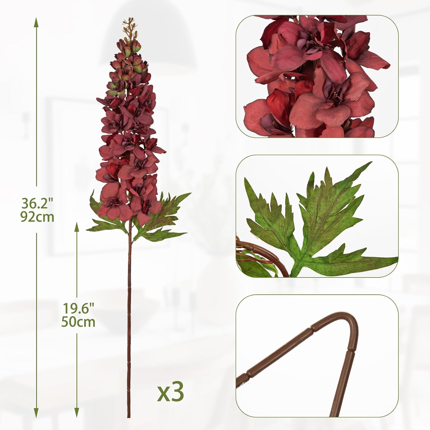 Briful 3PACK Artificial Delphinium Flowers – 36.2in Tall Faux Larkspur Silk Floral Stems Burgundy Fake Delphinium Flower for Indoor Home Decor Vase Arrangements