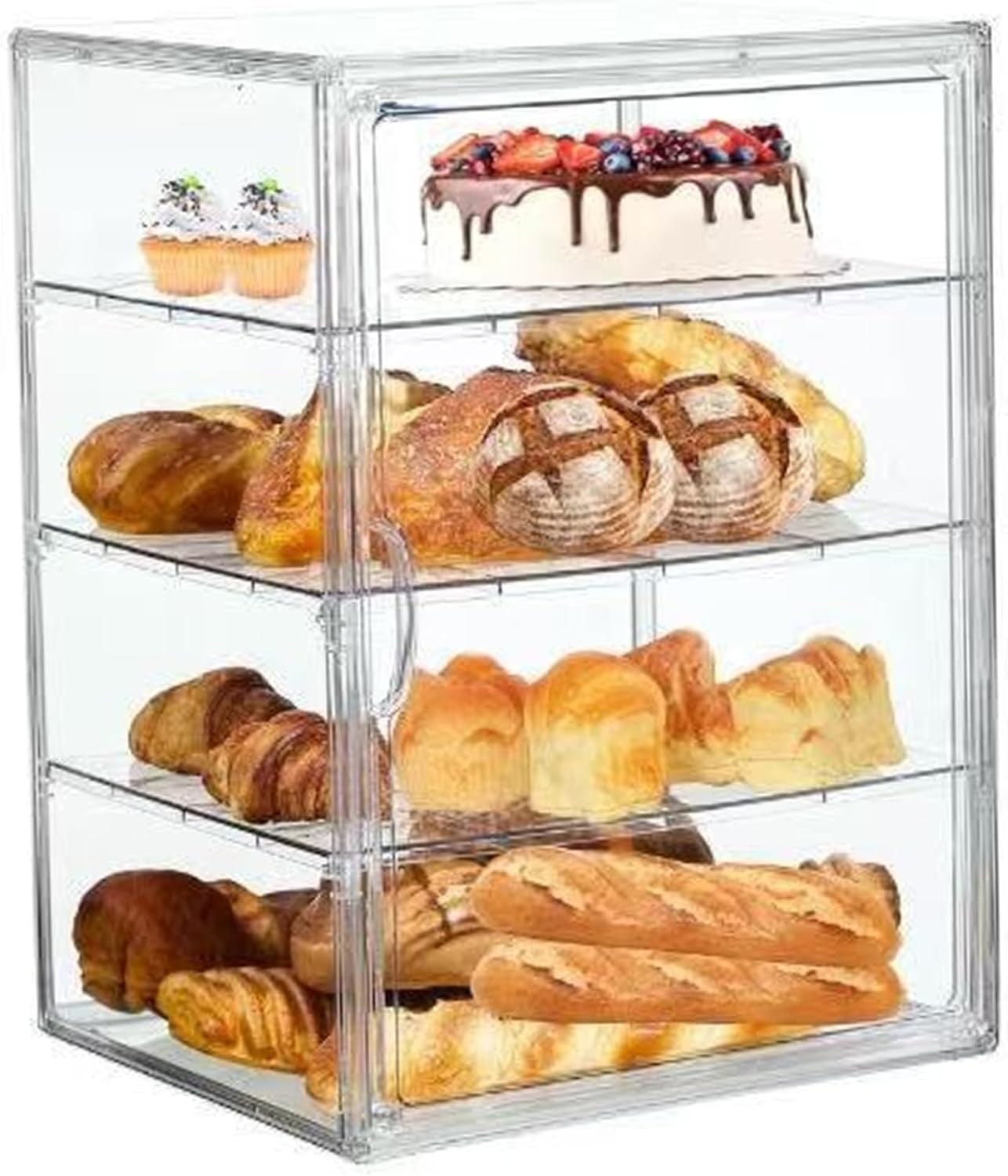 Pastry Display Case, 4 Layers Clear Bread Box, Bread Box for Kitchen Countertop, Cookie Stand with Removable Dividers for Kitchen Bakeries, 16x12x10in