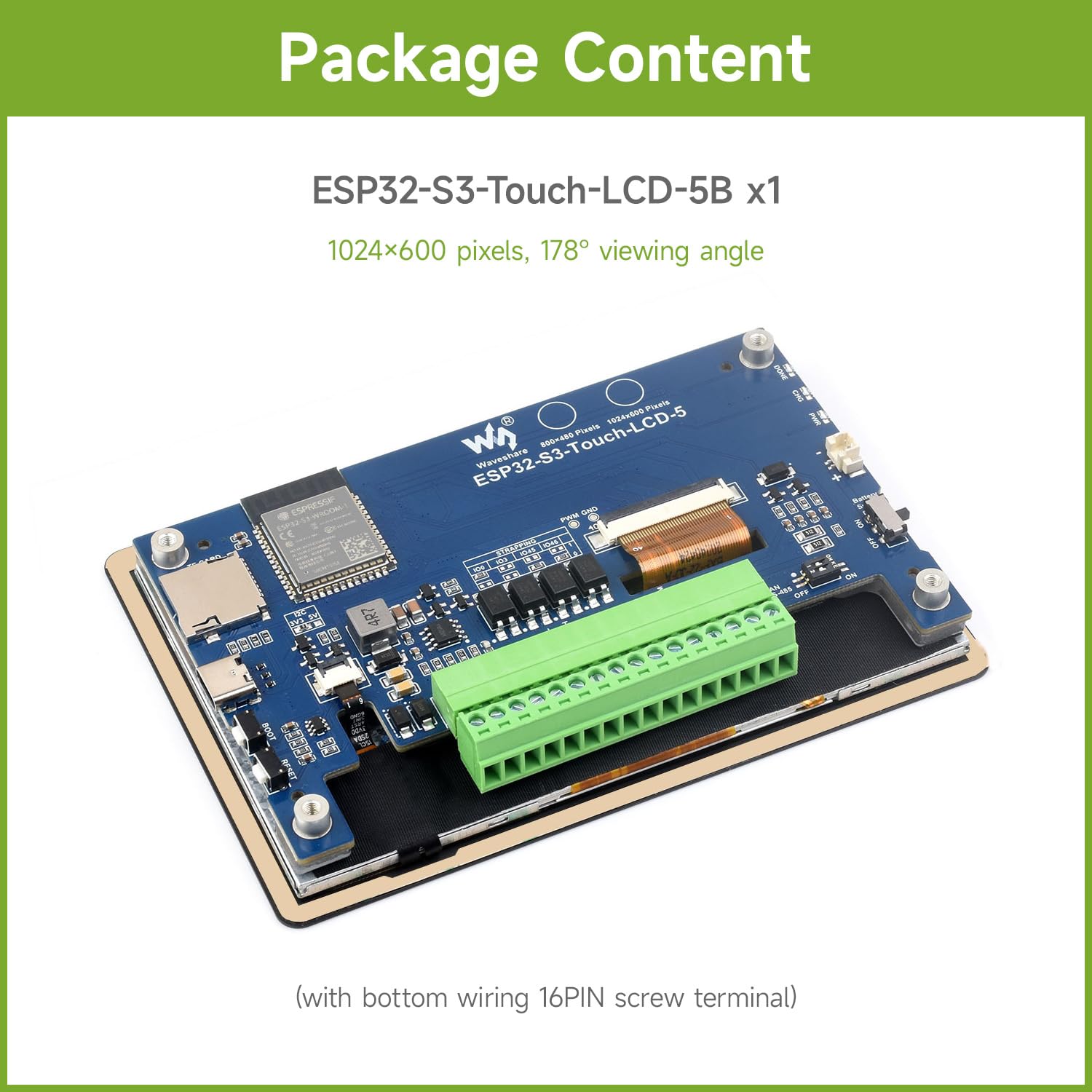Waveshare ESP32-S3 5 Inch Capacitive Touch Display + Development Board, 1024 x 600, 178° Viewing Angle, 5-Point Touch, 32-bit LX7 Dual-Core Processor, Up to 240MHz Frequency, Support WiFi, Onboard