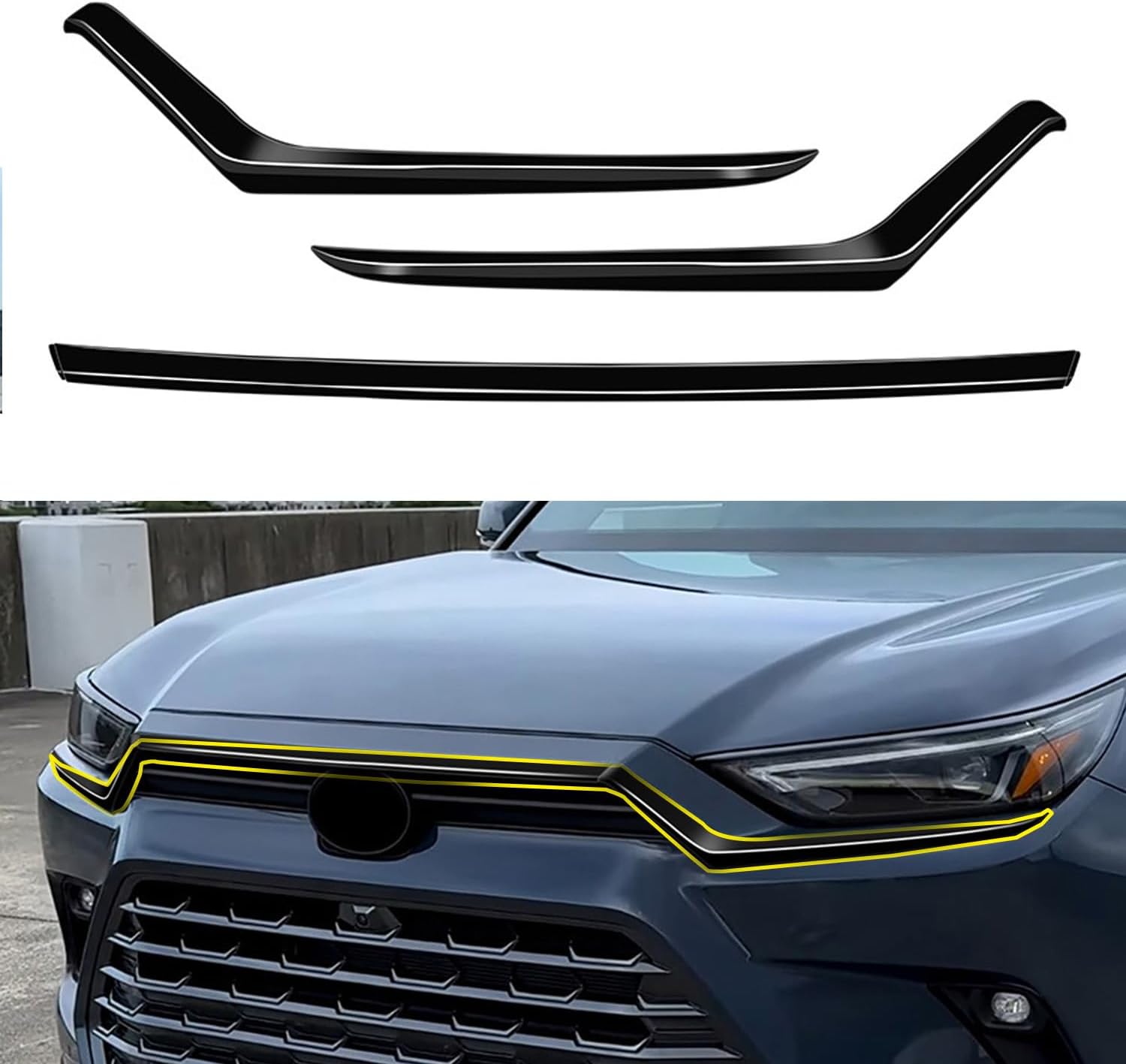 MXtrim for Toyota Grand Highlander 2024 2025 Glossy Black Exterior Front Engine Hood Molding Strip Cover Trim ABS Car Accessories 3pcs