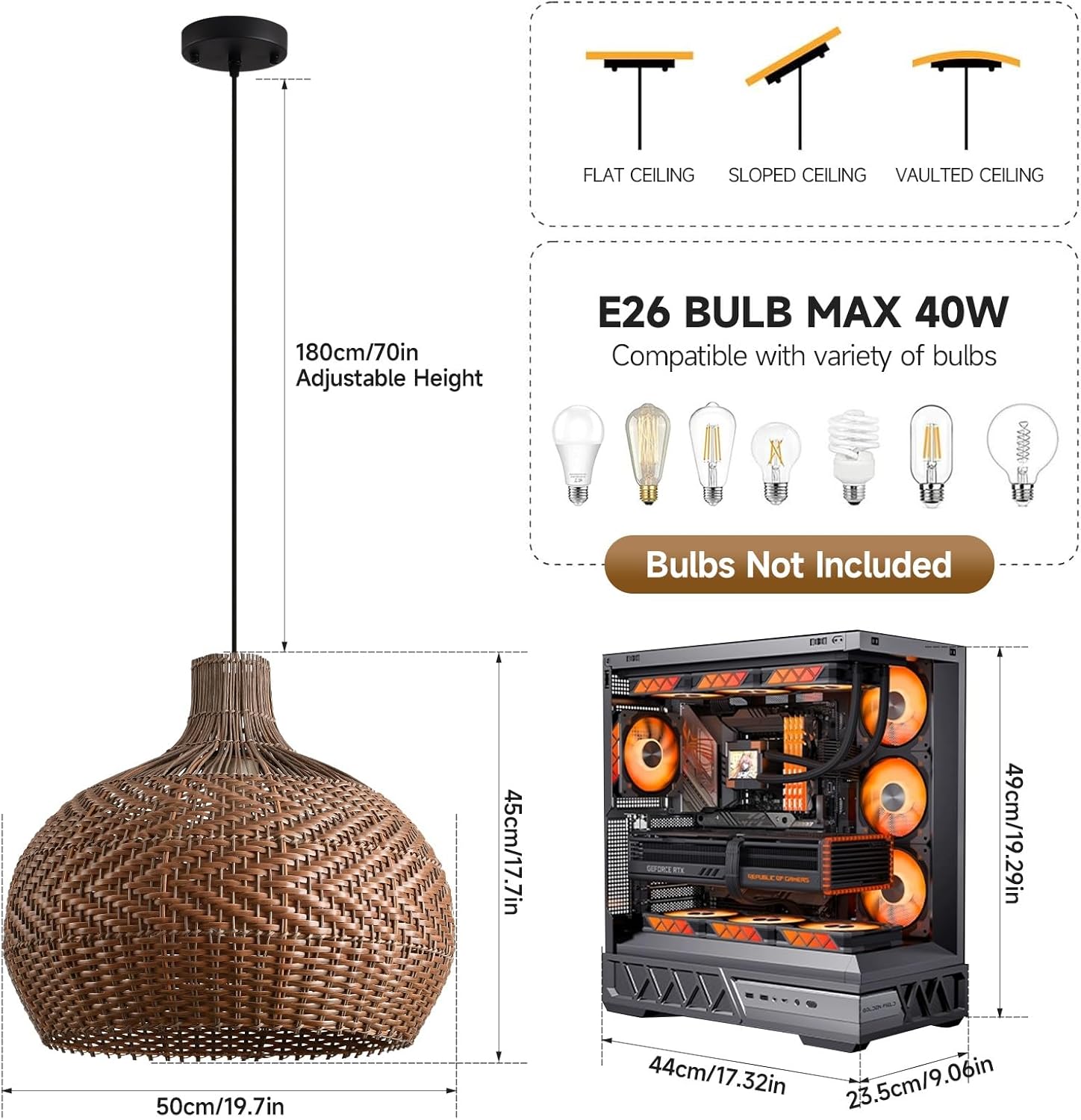 Boho Chandelier 19.7" Brown Rattan Pendant Lights Kitchen Island 3-Lights Wicker Dining Room Light Fixture Woven Hanging Ceiling Lighting for Restaurant Living Room Bedroom Foyer Hallway