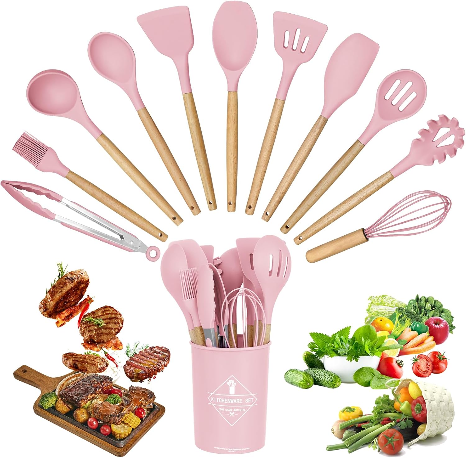 12 Pcs Silicone Cooking Utensils Set Kitchenware Set Kitchen Tool Set Kitchen Utensils for Cooking Wooden Handle Gadgets with Holder for Nonstick Cookware