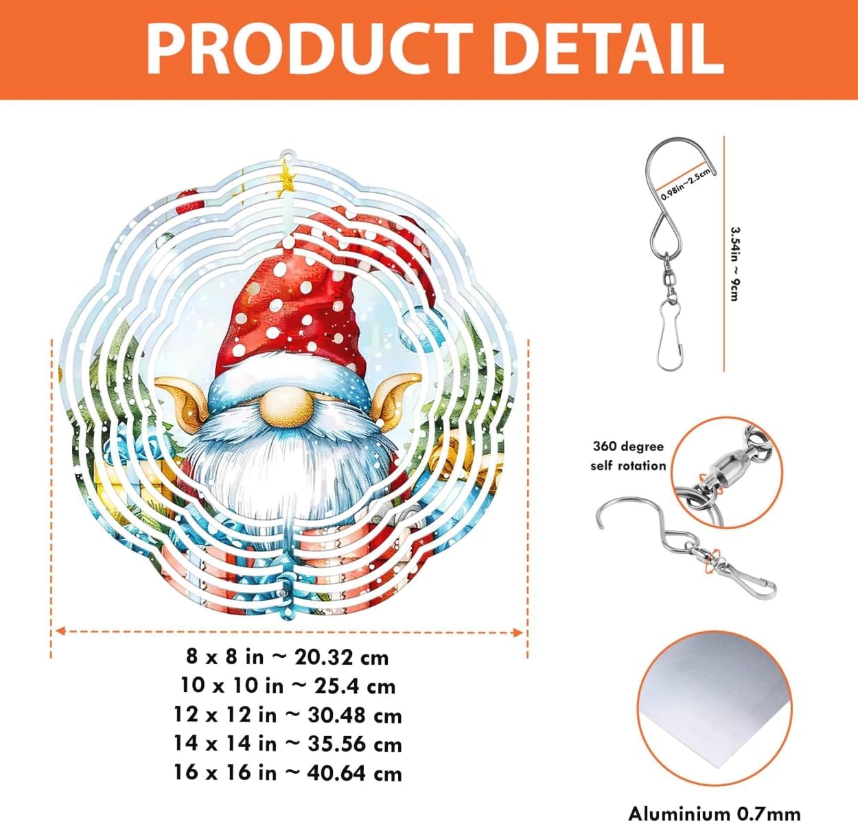 Gnome Gifts Pine Tree Christmas Wind Spinners 3D Stainless Steel Laser Cut Metal Double Sided Printing-Hanging Indoor/Outdoor Decorations Yard Gardening Decor,Metal Kinetic Art 16x16 inches