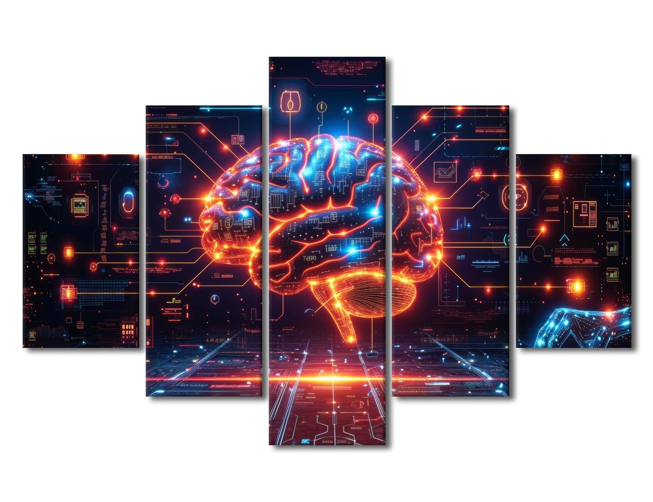 5 Panel Artificial Intelligence Brain Data Analysis Paintings Wall Art Futuristic Technology Posters and Prints Frame Neural Network Pictures for House Wall Decor AI Art Wall for House 60"Wx40"H