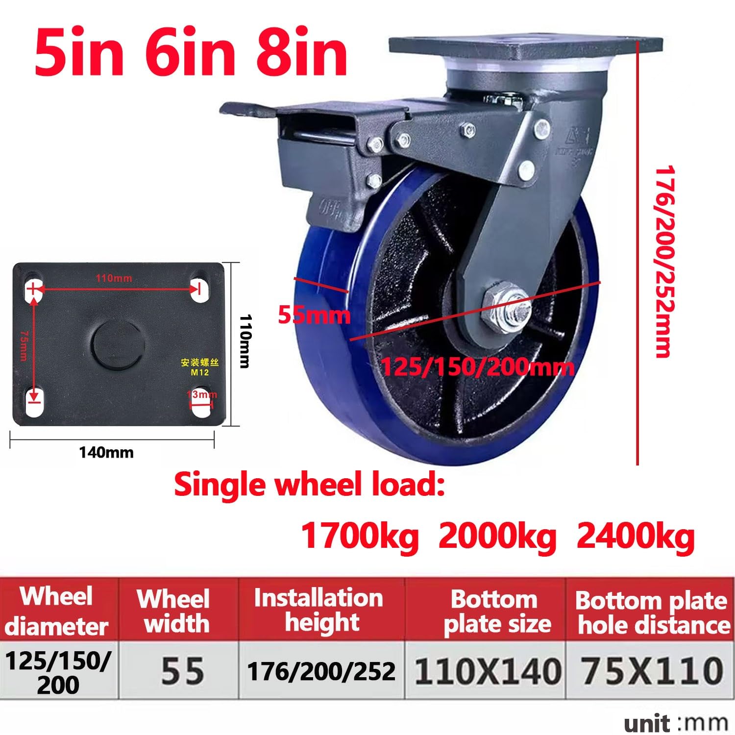 Rotelle Pivotanti Industriali 125/150/200mm, Portata Max 7200kg, Set di 4 AntiGraffio Ruote con Freno, Pesante TPR Ruota di Trasporto(4*Swivel,6in(150mm))