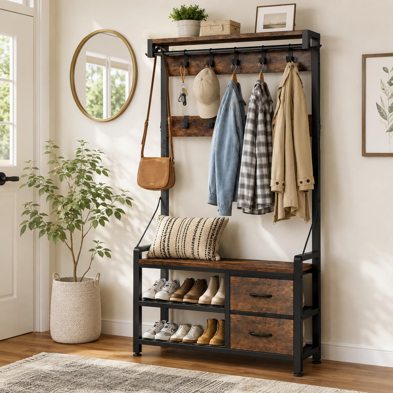 Garderobenständer, Flurgarderobe mit Schuhbank, Garderobe, Schuhaufbewahrung, 2 Schubladen, 17 Haken, Industrie-Design Garderobe mit Sitzbank für Flur, Wohnzimmer 30 x 80 x 180 cm