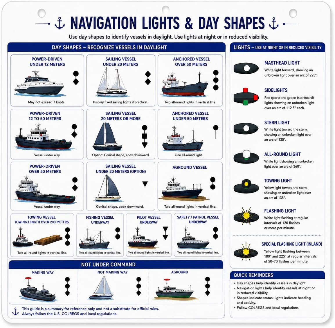Boat Navigation Lights & Day Shapes Quick Reference Card, 11.02 x 8.46 Inch