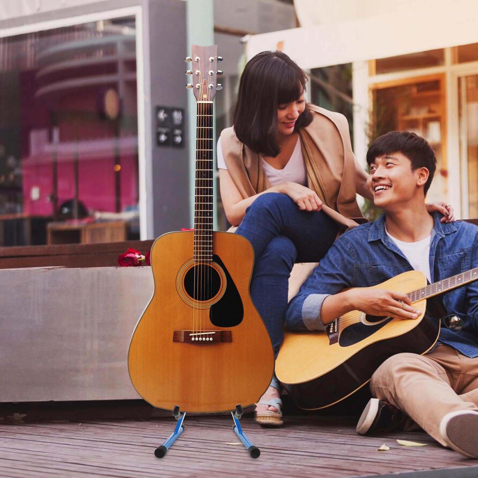 PRETYZOOM Supporto per Chitarra Singolo Pieghevole in Ferro Blu Resistente alla Deformazione Base in Gomma per Musicisti e Chitarre Acustiche e Bassi