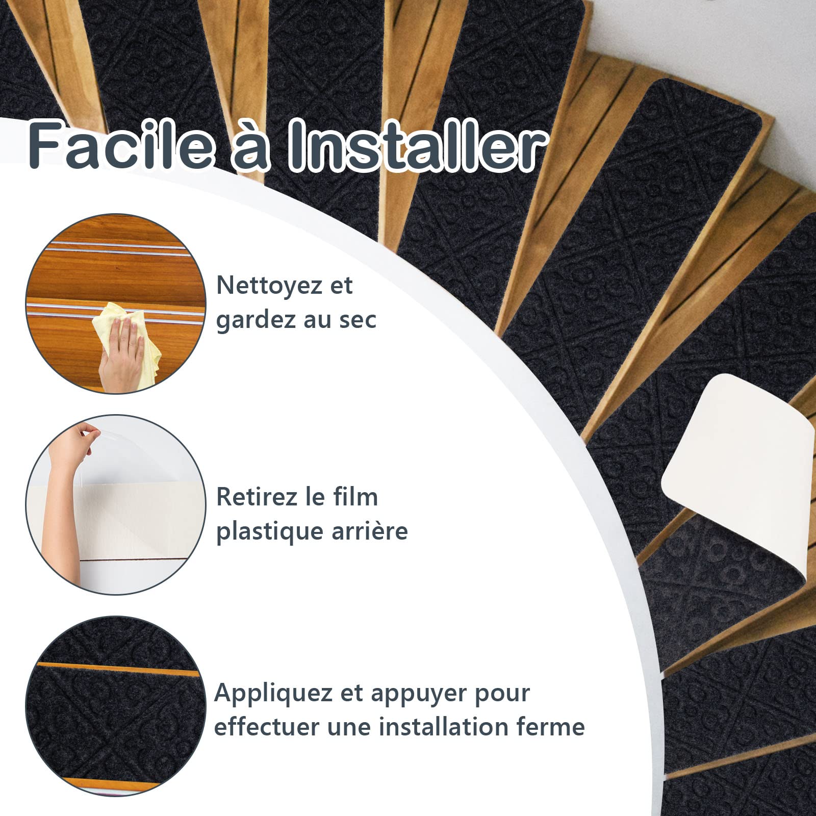 GOPLUS Lot de 15 Marchettes d’Escalier avec Surface Antidérapante, Tapis d’Escalier Antidérapant avec Design à Plusieurs Couches, Tapis de Sécurité, pour Enfants, Personnes Âgées, 76X20CM (Gris)