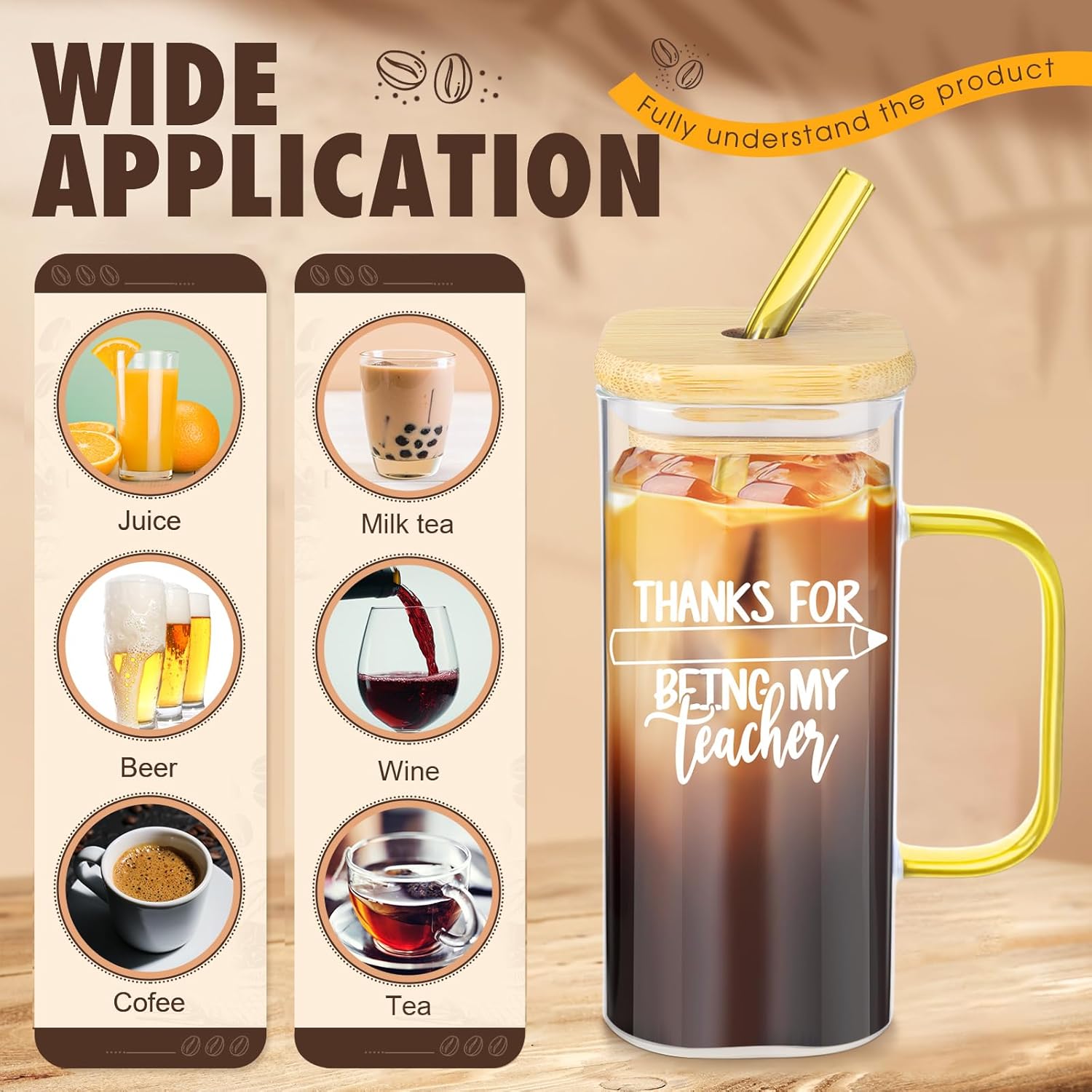 10 Pcs Teacher Appreciation Glass Cup Bulk 13.5 oz Square Thank You Teacher Jar with Handle Lid Straw Motivation Inspirational Glass Drinking Tumbler for Coworker Staff Team(Classic)