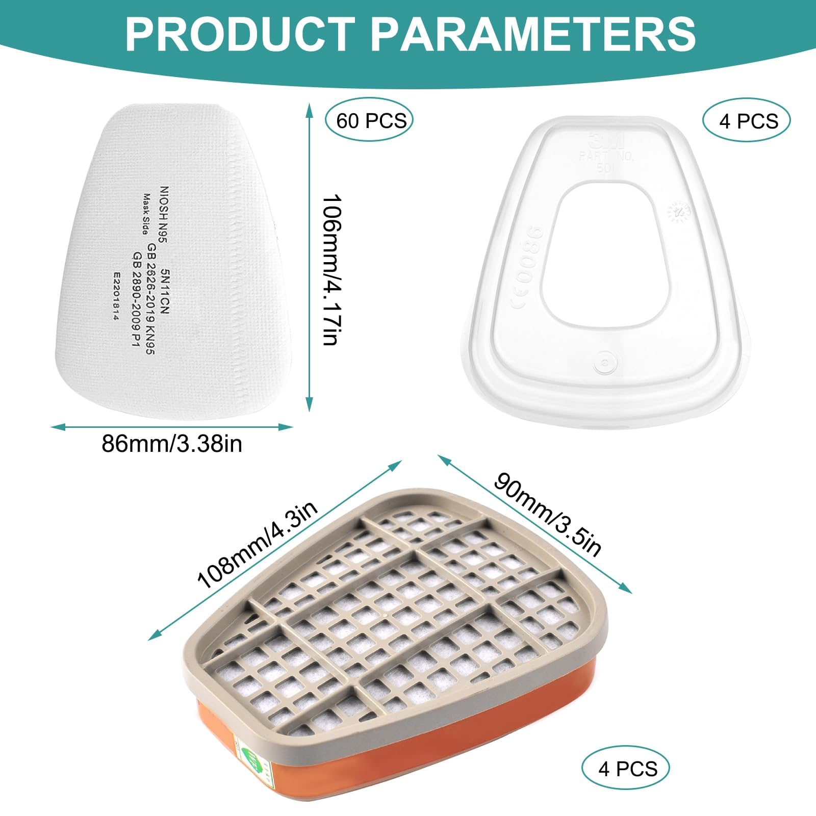 6001 Rechange Filtres de Protection Respiratoire Réutilisable Kit, 60 Cotons Filtrants, pour Filtration Purifier, Face Protection, Compatible 6100/6200 / 7501/7502 / 6502/6800 Blanc