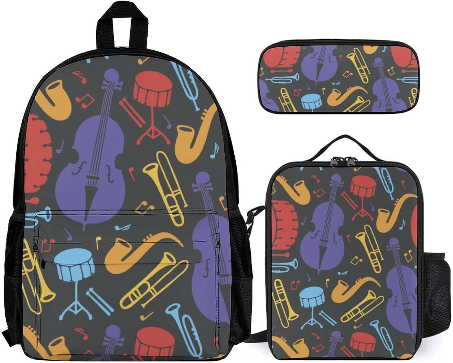Trumpet Musical Instrument Pattern 3 Piece Backpack Sets With Lunch Bag Pencil Case Combination Hiking Travel Work