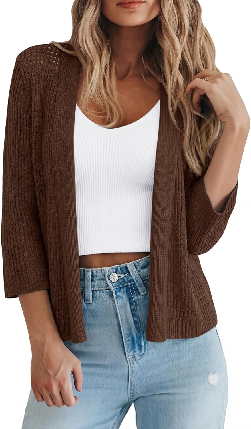 LOMON Shrug Cardigan for Women 3/4 Sleeve Casual Openwork Knit Sweater Tops Spring