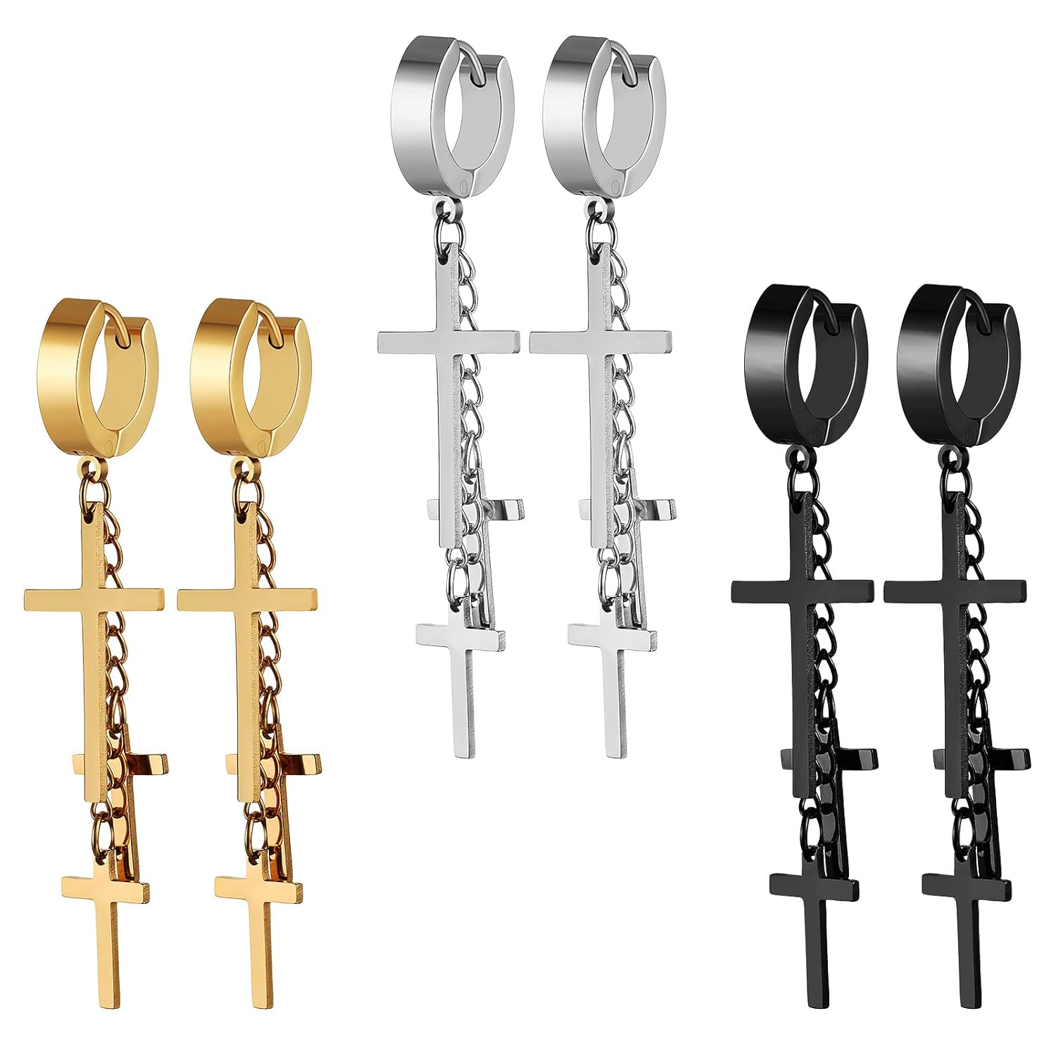 HZMAN 3 Pair Stainless Steel Cross Earrings for Women Drop Dangle Huggie Tassel Earrings Set