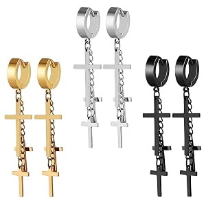 HZMAN 3 Pair Stainless Steel Cross Earrings for Women Drop Dangle Huggie Tassel Earrings Set