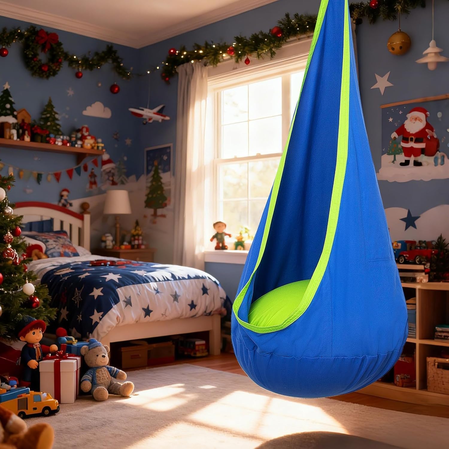 Y- STOP Kids Pod Swing Seat, Hanging Hammock Chair Swing with Inflatable Pillow, Sensory Swing Chair with Pocket for Outdoor and Indoor (Blue)